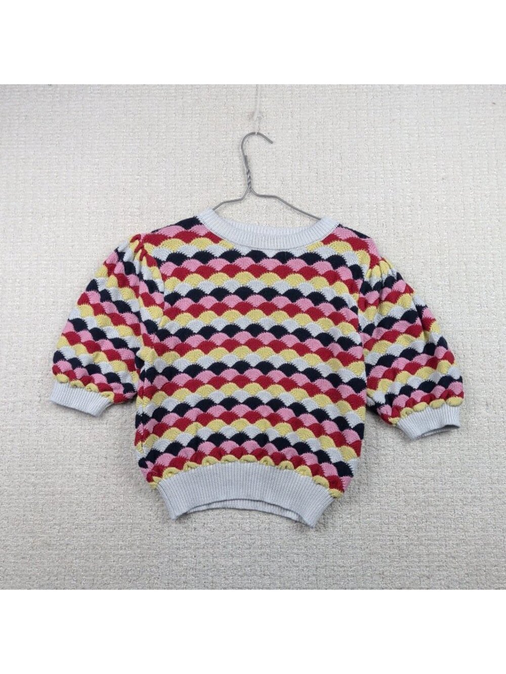 Zara Crochet Sweater Striped Scallop Knit Puff Short Sleeve Wom Sz S Boho Indie